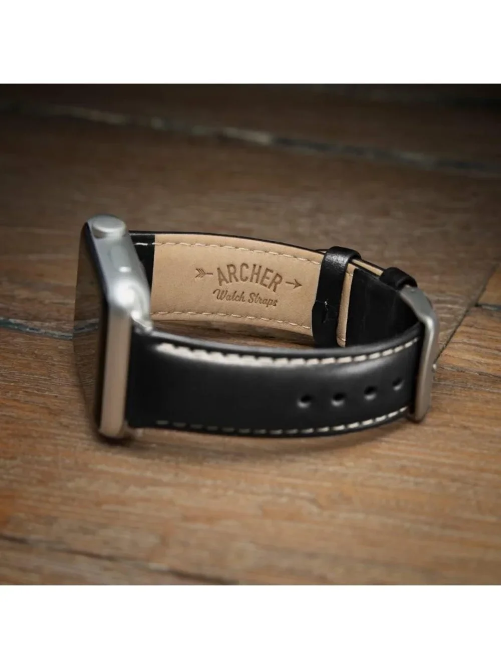 Men's Black/Natural Thread, Matte Silver Hardware Leather Straps Apple Watch